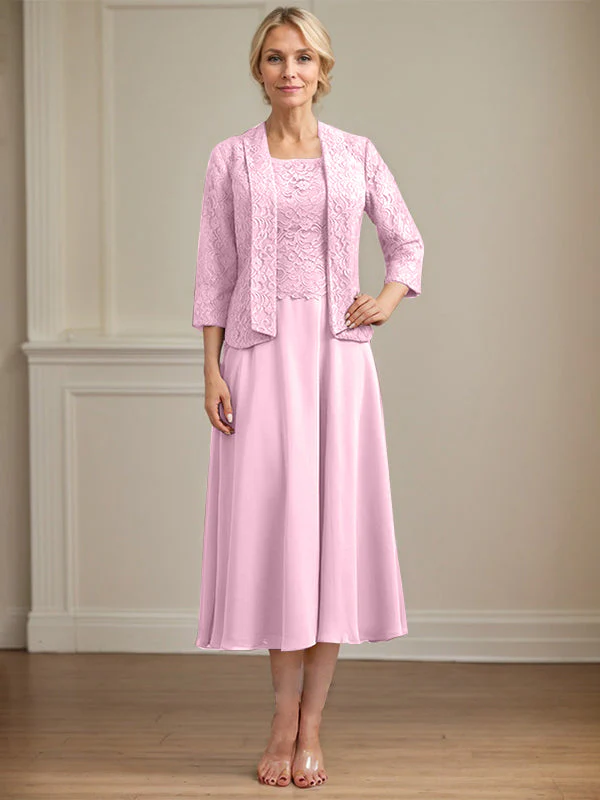 A-line Scoop Tea-Length Lace Chiffon Mother of the Bride Dress - Image 30
