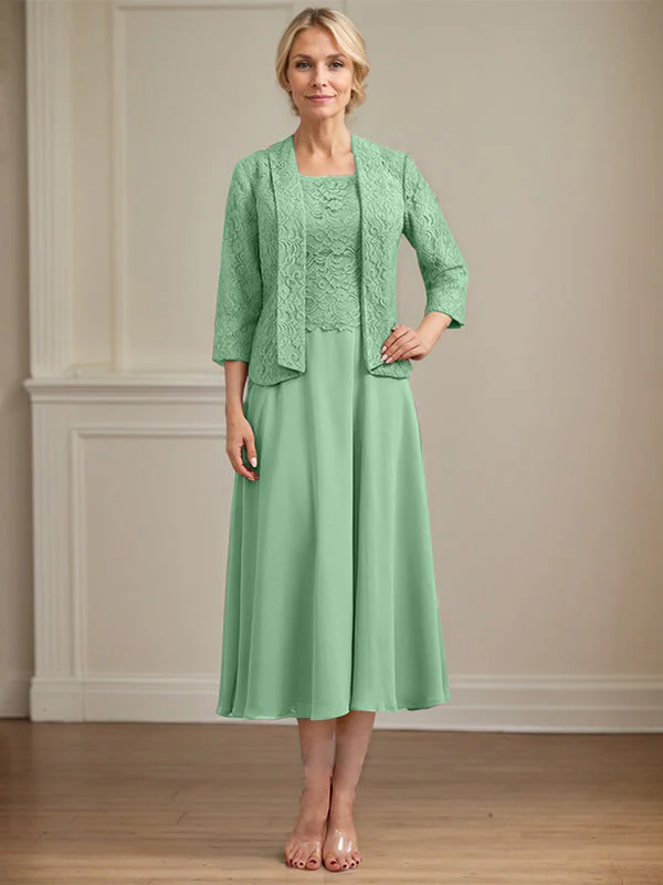 A-line Scoop Tea-Length Lace Chiffon Mother of the Bride Dress - Image 40