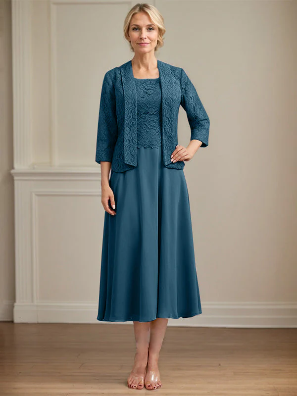 A-line Scoop Tea-Length Lace Chiffon Mother of the Bride Dress - Image 42