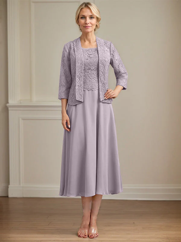 A-line Scoop Tea-Length Lace Chiffon Mother of the Bride Dress - Image 46