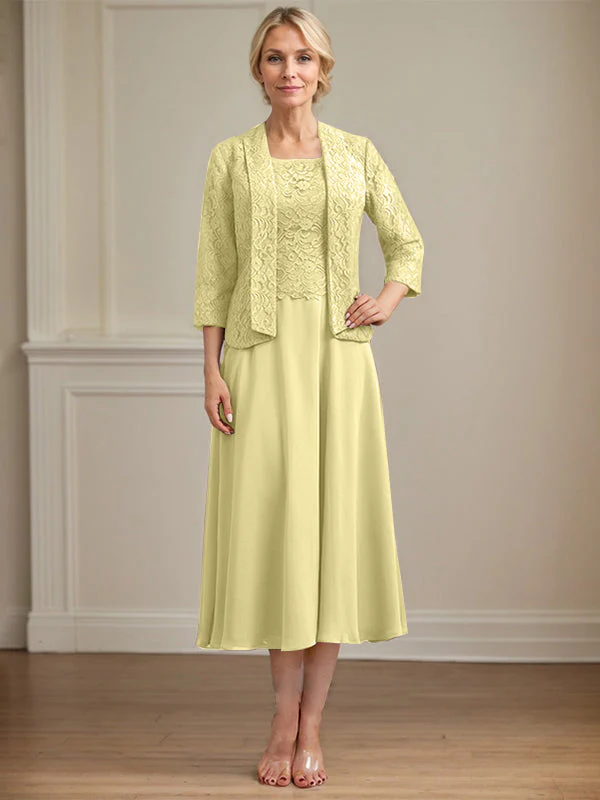 A-line Scoop Tea-Length Lace Chiffon Mother of the Bride Dress - Image 47