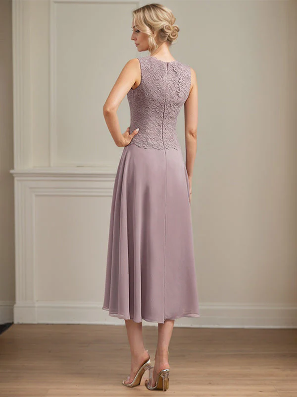 A-line Scoop Tea-Length Lace Chiffon Mother of the Bride Dress - Image 8
