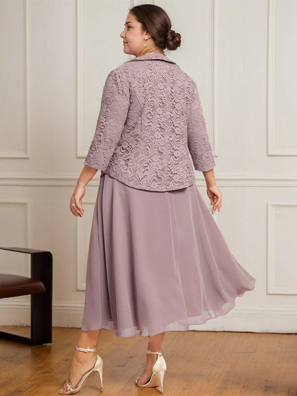 A-line Scoop Tea-Length Lace Chiffon Mother of the Bride Dress - Image 9