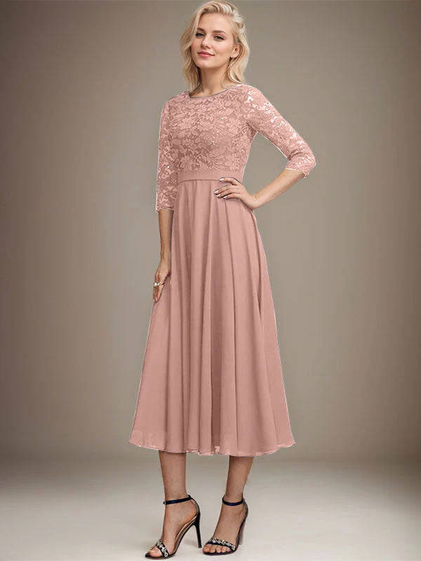 A-line Scoop Tea-Length Lace Chiffon Mother of the Bride Dress With Sequins - Image 17