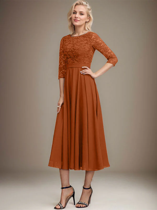 A-line Scoop Tea-Length Lace Chiffon Mother of the Bride Dress With Sequins - Image 26