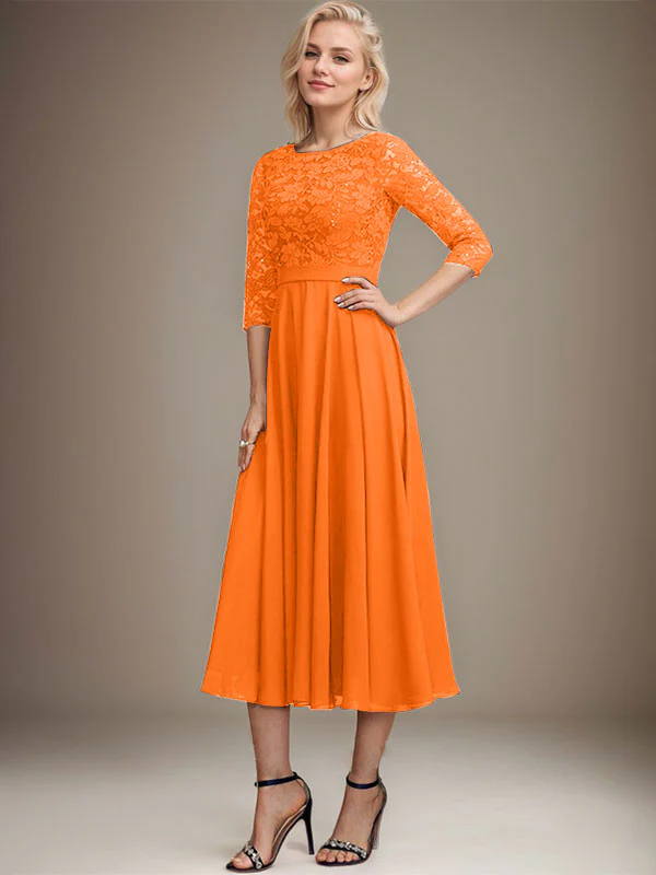 A-line Scoop Tea-Length Lace Chiffon Mother of the Bride Dress With Sequins - Image 33
