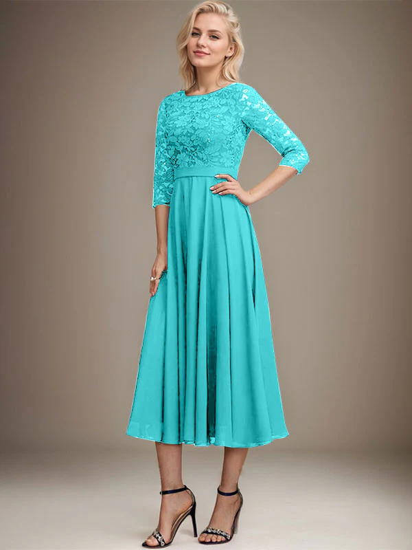 A-line Scoop Tea-Length Lace Chiffon Mother of the Bride Dress With Sequins - Image 42