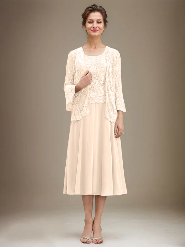 A-line Scoop Tea-Length Lace Chiffon Mother of the Bride Dress With Sequins - Image 10