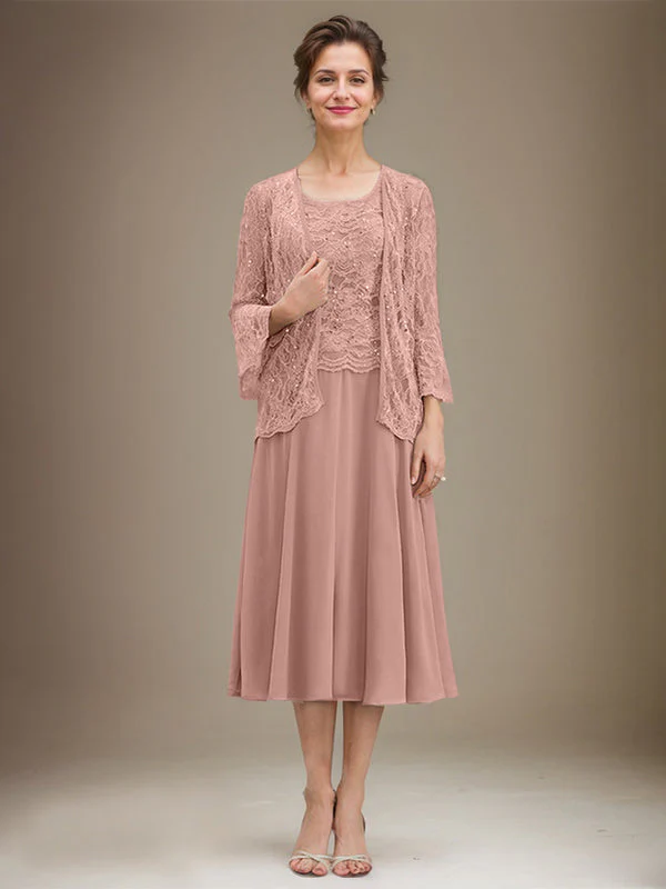 A-line Scoop Tea-Length Lace Chiffon Mother of the Bride Dress With Sequins - Image 15