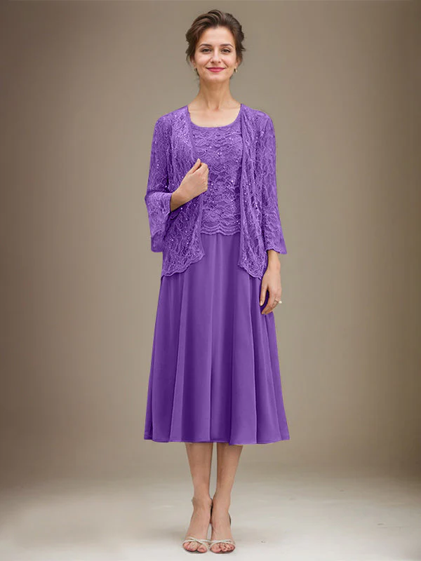 A-line Scoop Tea-Length Lace Chiffon Mother of the Bride Dress With Sequins - Image 32