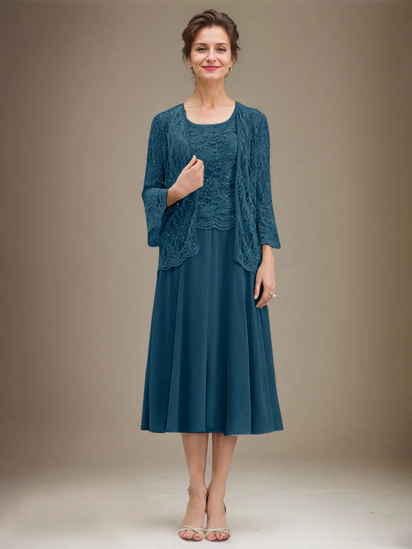 A-line Scoop Tea-Length Lace Chiffon Mother of the Bride Dress With Sequins - Image 38