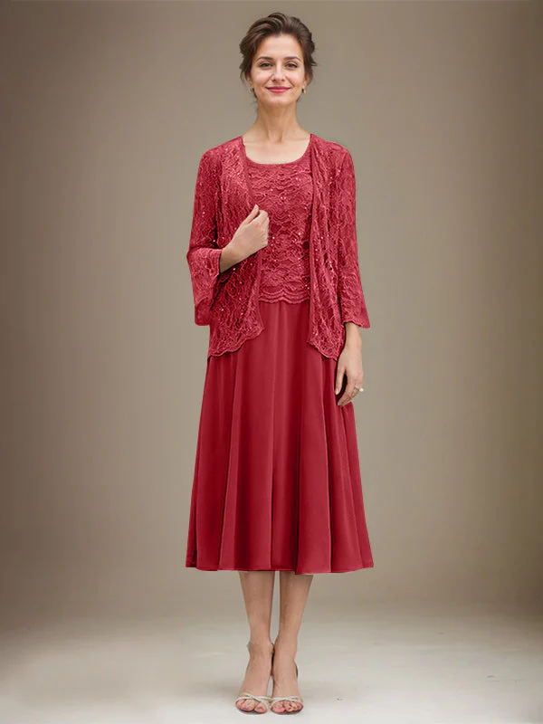 A-line Scoop Tea-Length Lace Chiffon Mother of the Bride Dress With Sequins - Image 41
