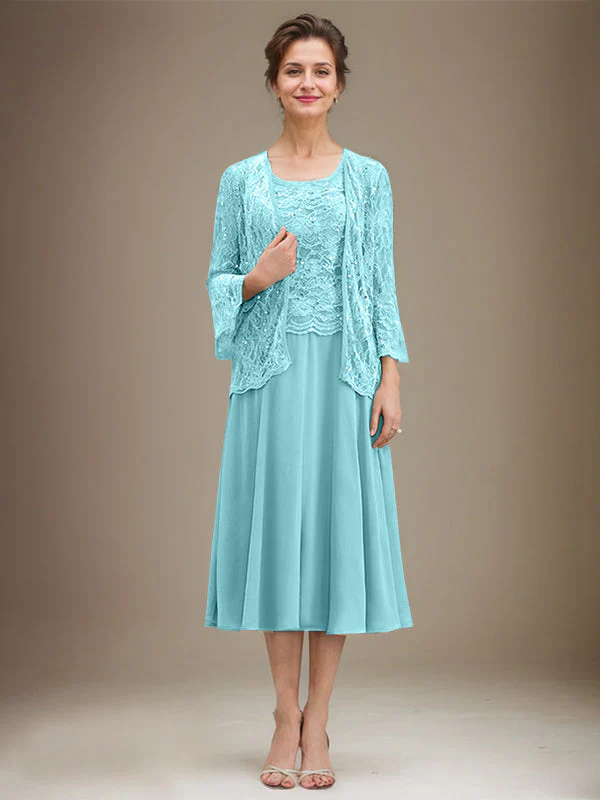 A-line Scoop Tea-Length Lace Chiffon Mother of the Bride Dress With Sequins - Image 7