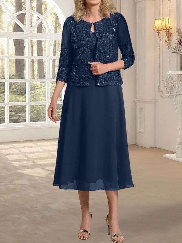 A-line Scoop Tea-Length Lace Chiffon Mother of the Bride Dress With Sequins - Image 28