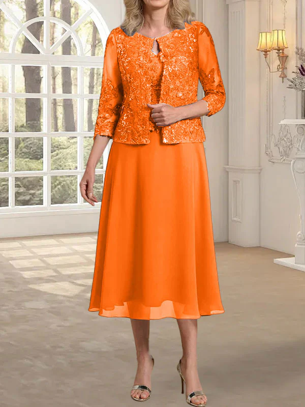 A-line Scoop Tea-Length Lace Chiffon Mother of the Bride Dress With Sequins - Image 30