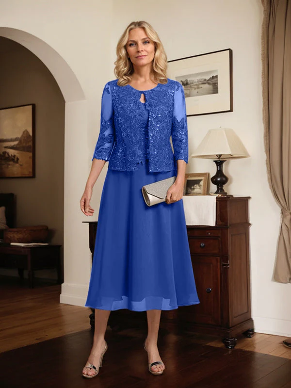 A-line Scoop Tea-Length Lace Chiffon Mother of the Bride Dress With Sequins - Image 53