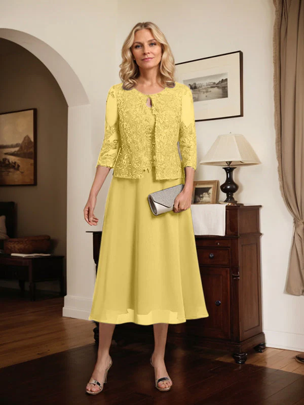 A-line Scoop Tea-Length Lace Chiffon Mother of the Bride Dress With Sequins - Image 61