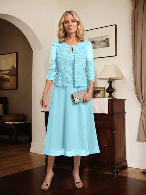 A-line Scoop Tea-Length Lace Chiffon Mother of the Bride Dress With Sequins - Image 70