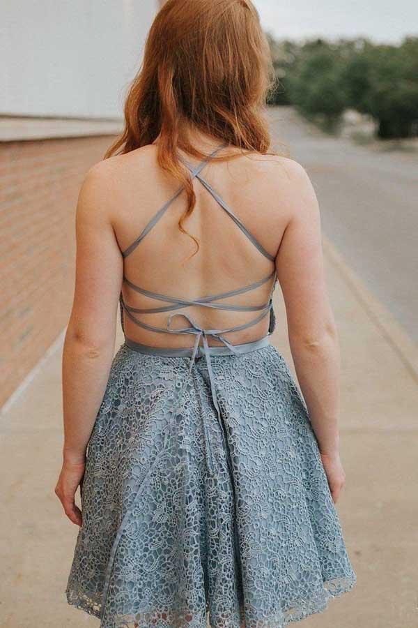 A-Line Spaghetti Straps Backless Above-Knee Blue Lace Homecoming Dress PD273 - Image 2