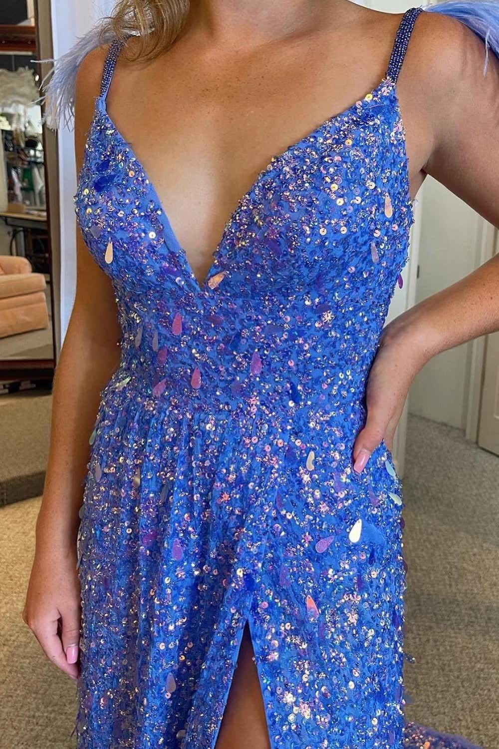 A Line Spaghetti Straps Blue Sequins Long Prom Dress with Feathers - Image 3