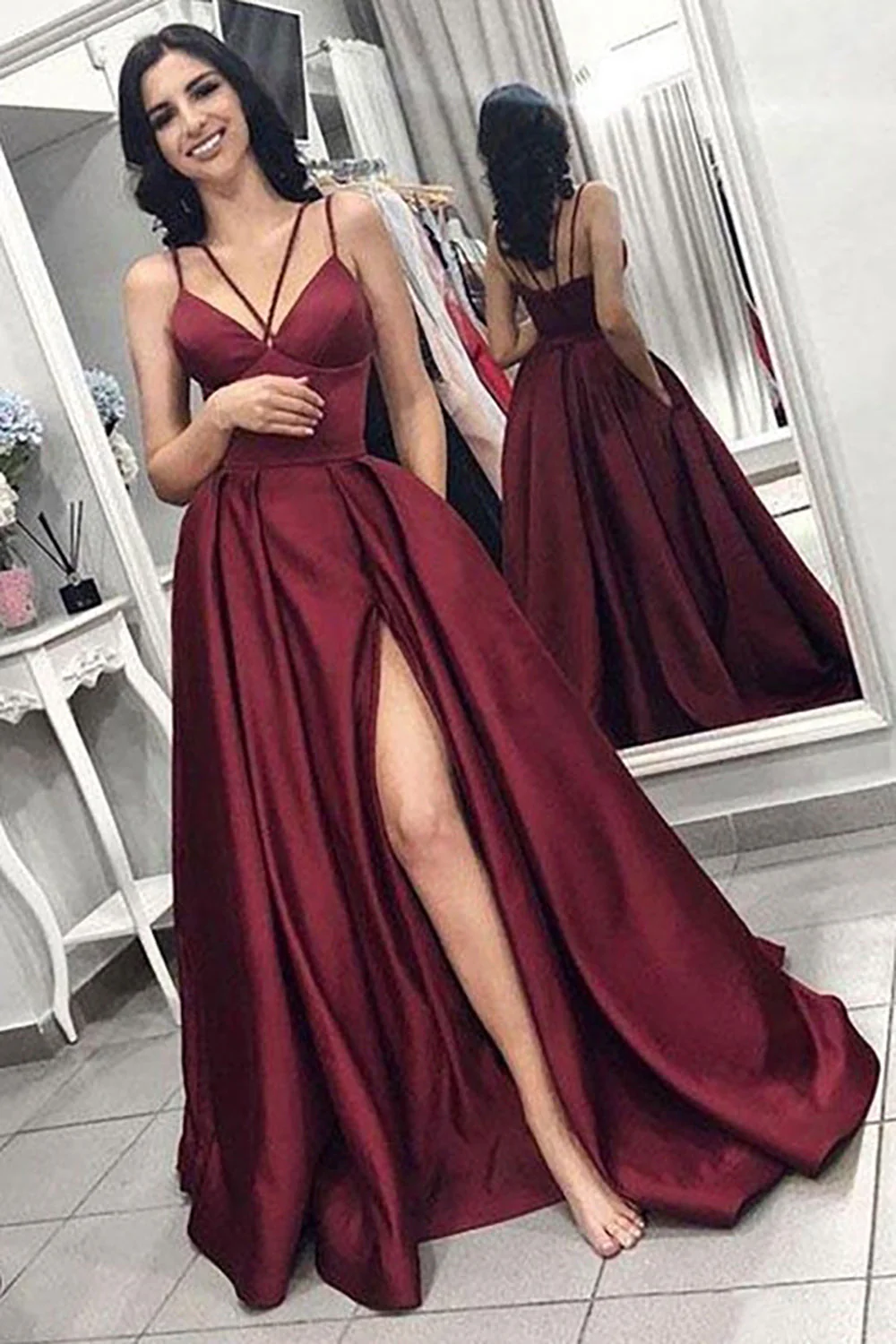A Line Spaghetti Straps Burgundy Long Prom Dress with Silt - Image 2