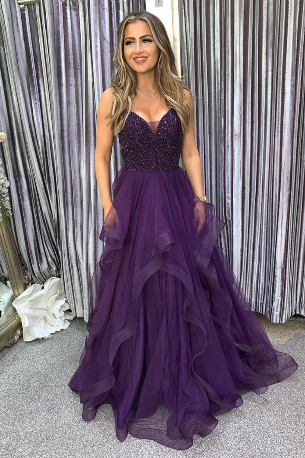 A Line Spaghetti Straps Dark Purple Long Prom Dress with Beading - Image 2