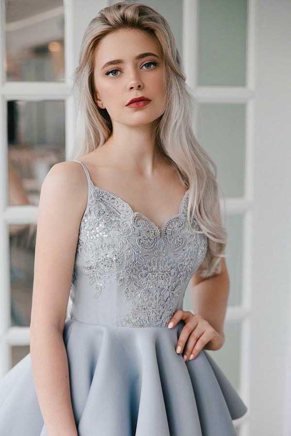 A-Line Spaghetti Straps Grey Satin Homecoming Dress with Appliques PD027 - Image 2