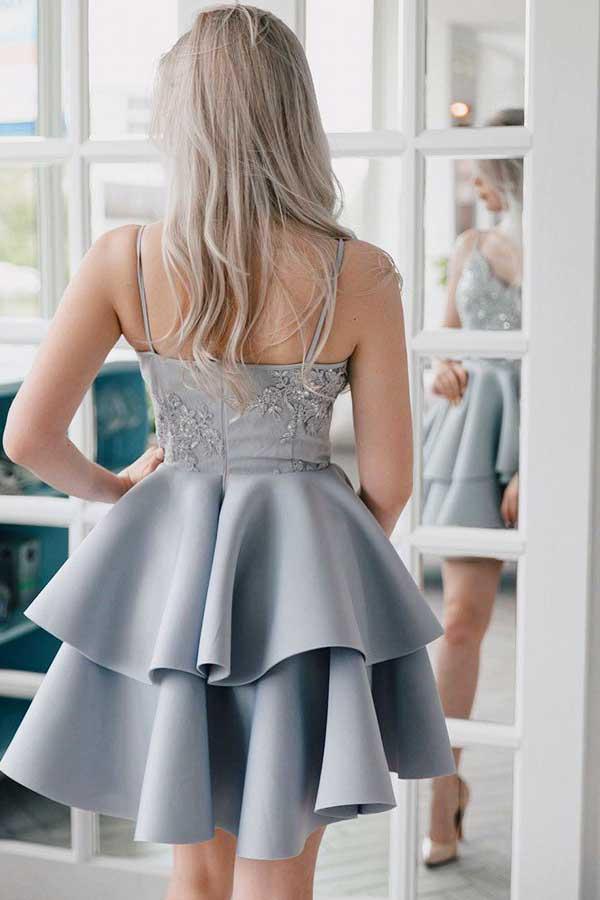 A-Line Spaghetti Straps Grey Satin Homecoming Dress with Appliques PD027 - Image 3