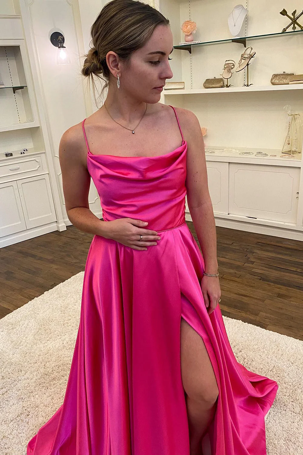 A Line Spaghetti Straps Hot Pink Long Prom Dress with Split Front - Image 3