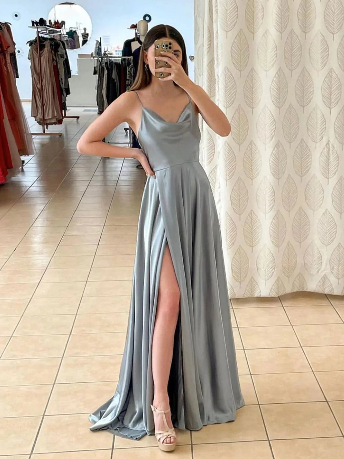 A Line Spaghetti Straps Light Green Long Prom Dress with Silt - Image 3