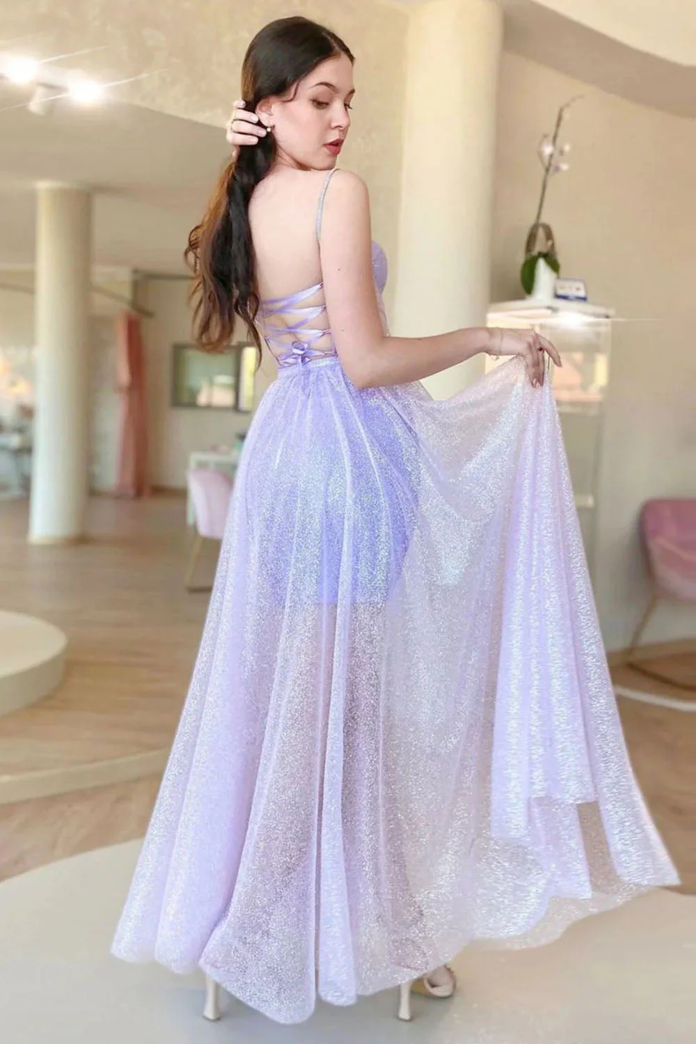 A Line Spaghetti Straps Lilac Corset Prom Dress with Criss Cross Back - Image 2