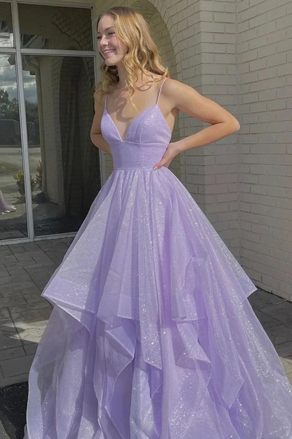 A Line Spaghetti Straps Long Prom Dress with Ruffles - Image 2