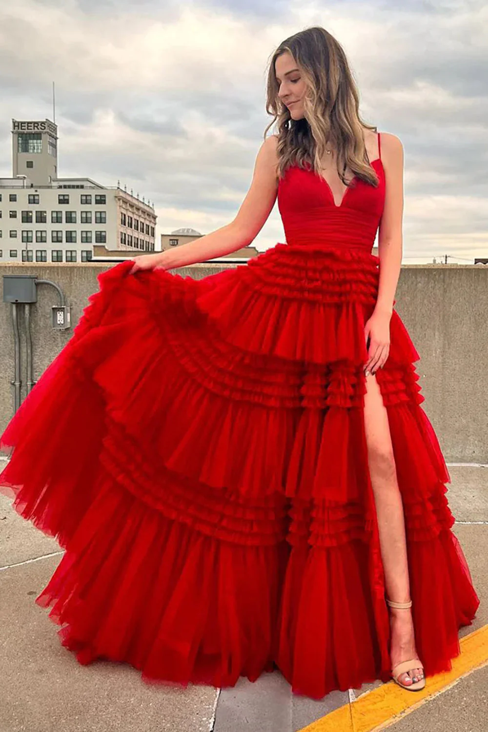 A Line Spaghetti Straps Pink Long Prom Dress with Split - Image 7