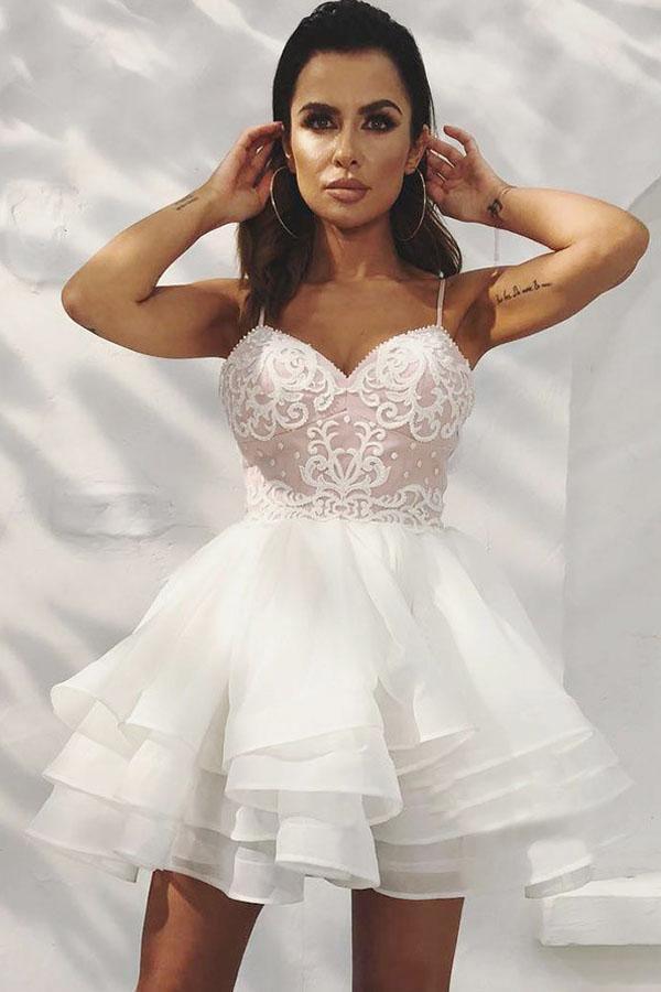 A-Line Spaghetti Straps Tiered White Homecoming Dress with Appliques PD405 - Image 2