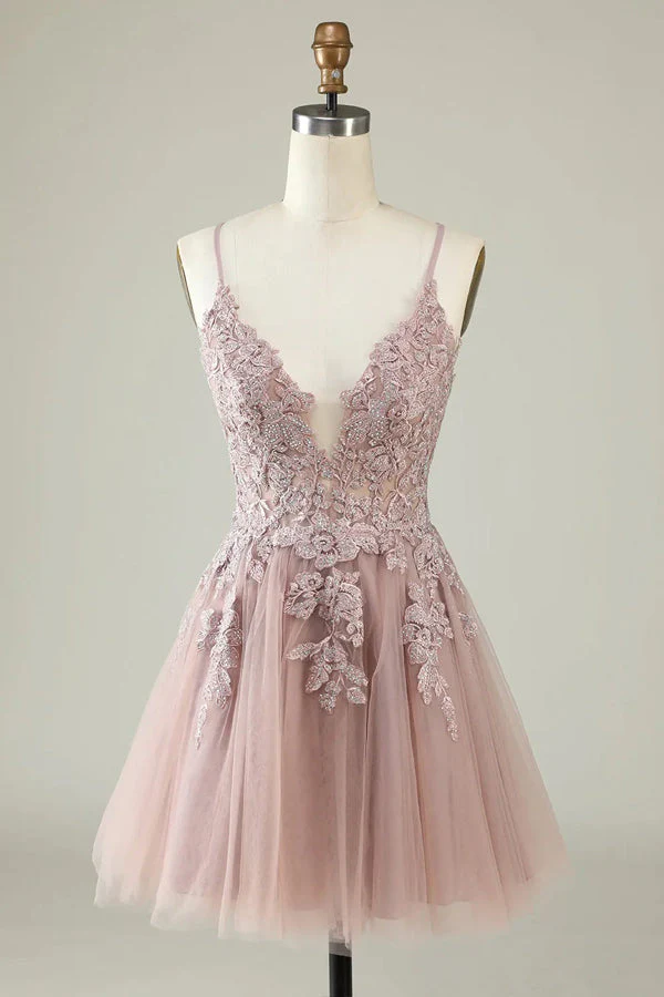 A Line Spaghetti Straps Tulle Short Grey Blue Homecoming Dress PD527 - Image 4