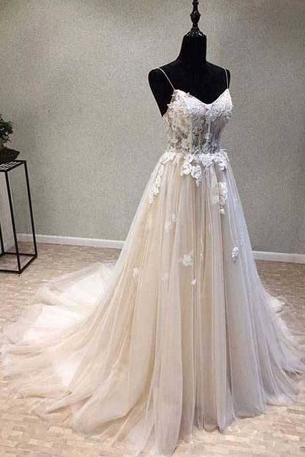 A-line Spaghetti Straps Wedding Dress with Lace Appliques, Wedding Gown - Image 3