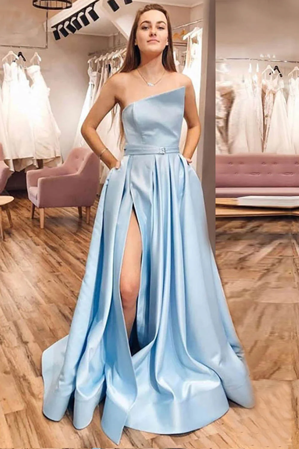 A Line Strapless Blue Long Prom Dress with Slit - Image 6