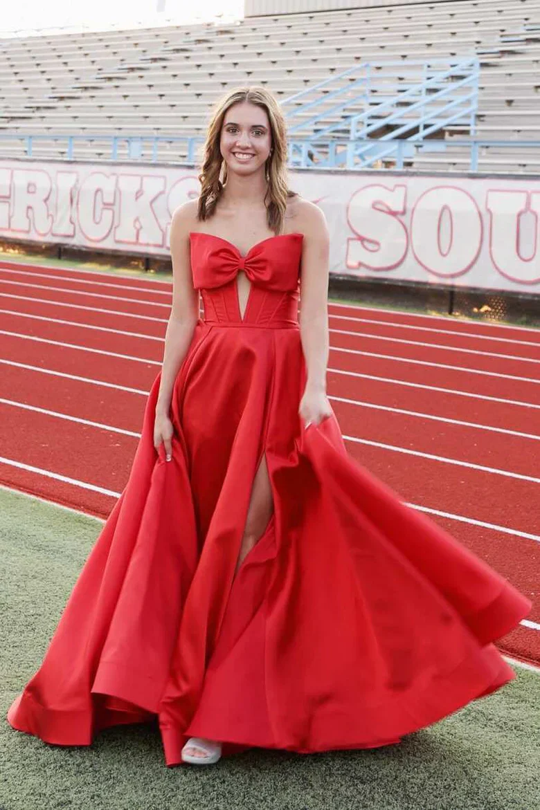 A-Line Strapless Bow Empire-Waist Sleeveless Satin Long Prom Dress with Slit - Image 3