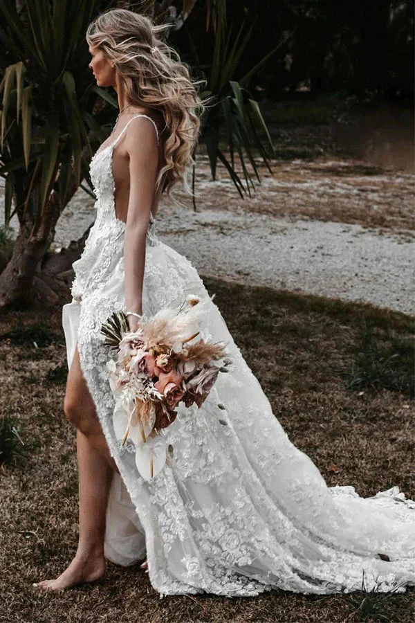 A-Line Straps Lace Beach Wedding Dress Boho Bridal Gown With Split WD657 - Image 4