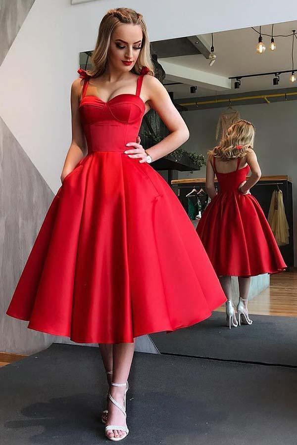 A-Line Straps Mid-Calf Black Satin Homecoming Dress with Pockets PD057 - Image 2