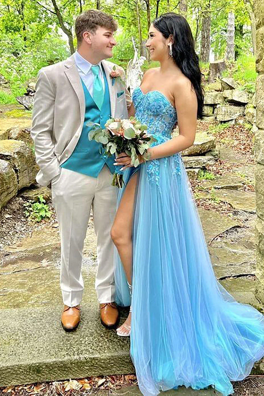 A Line Sweetheart Blue Corset Prom Dress with Appliques Split Front - Image 2