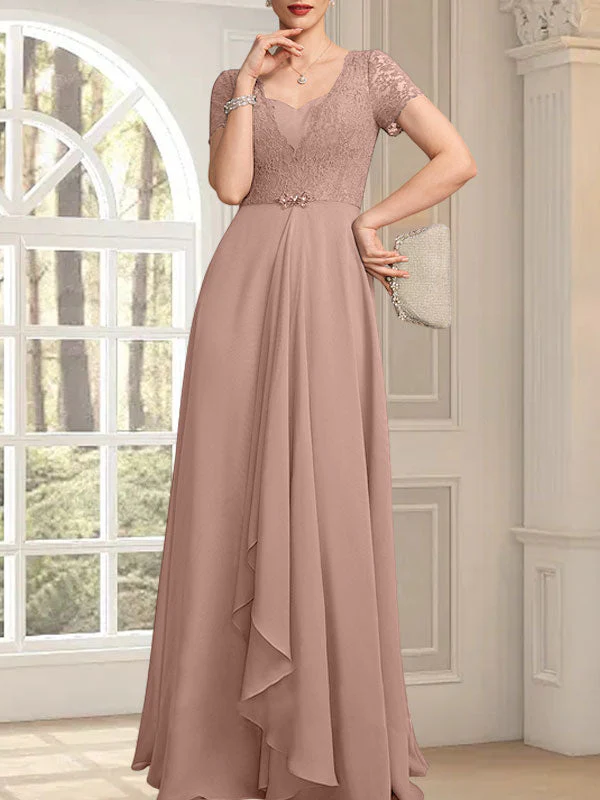 A-line Sweetheart Floor-Length Chiffon Lace Mother of the Bride Dress With Beading Cascading Ruffles - Image 17