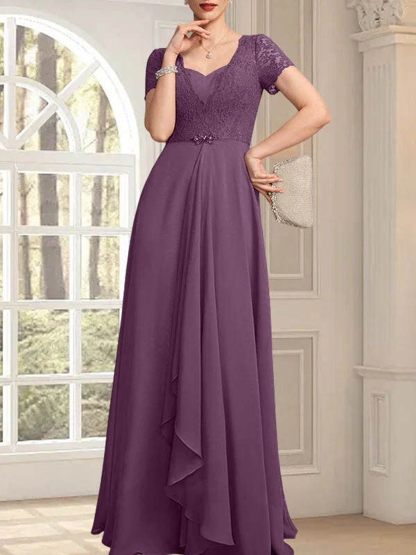 A-line Sweetheart Floor-Length Chiffon Lace Mother of the Bride Dress With Beading Cascading Ruffles - Image 20
