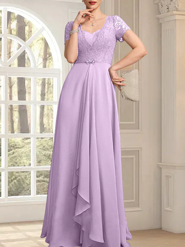 A-line Sweetheart Floor-Length Chiffon Lace Mother of the Bride Dress With Beading Cascading Ruffles - Image 24