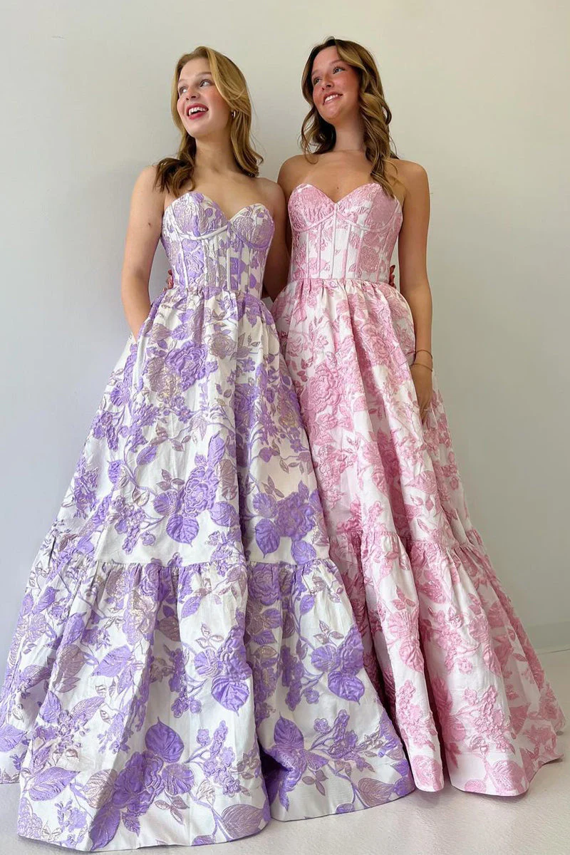 A-Line Sweetheart Floral Printed Long Prom Dresses - Image 2