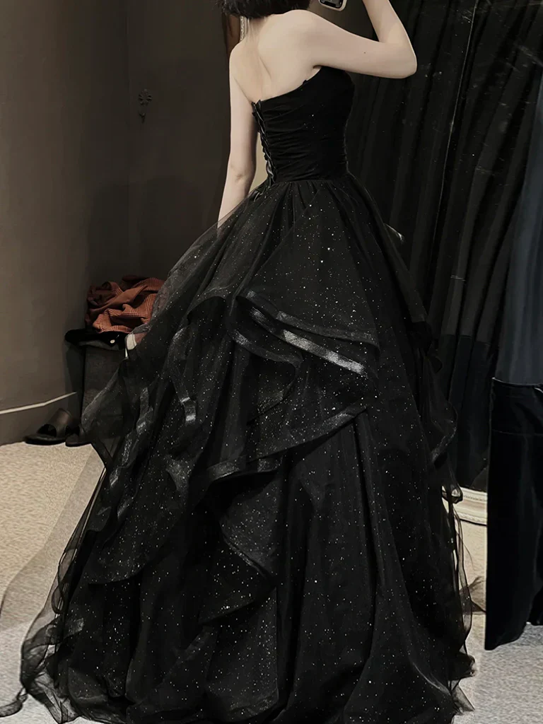 A-Line Sweetheart Neck Tulle Black Ruffle Tiered Ballgown Long Prom Dress - Image 2