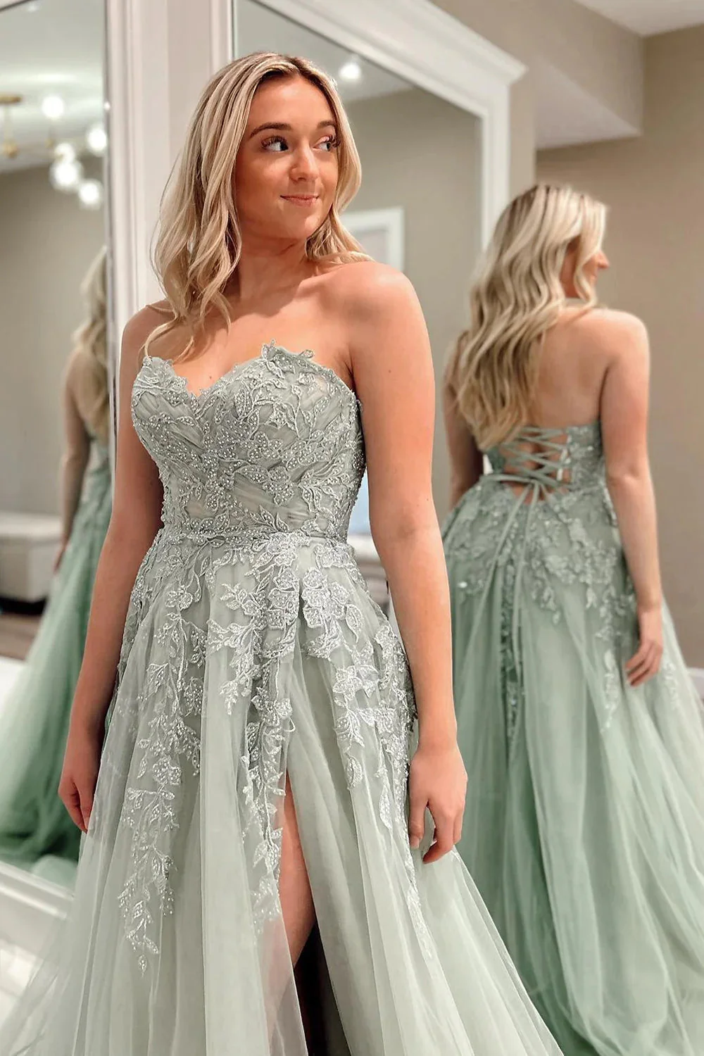 A-Line Sweetheart Sage Green Tulle Lace Long Prom Dresses - Image 2