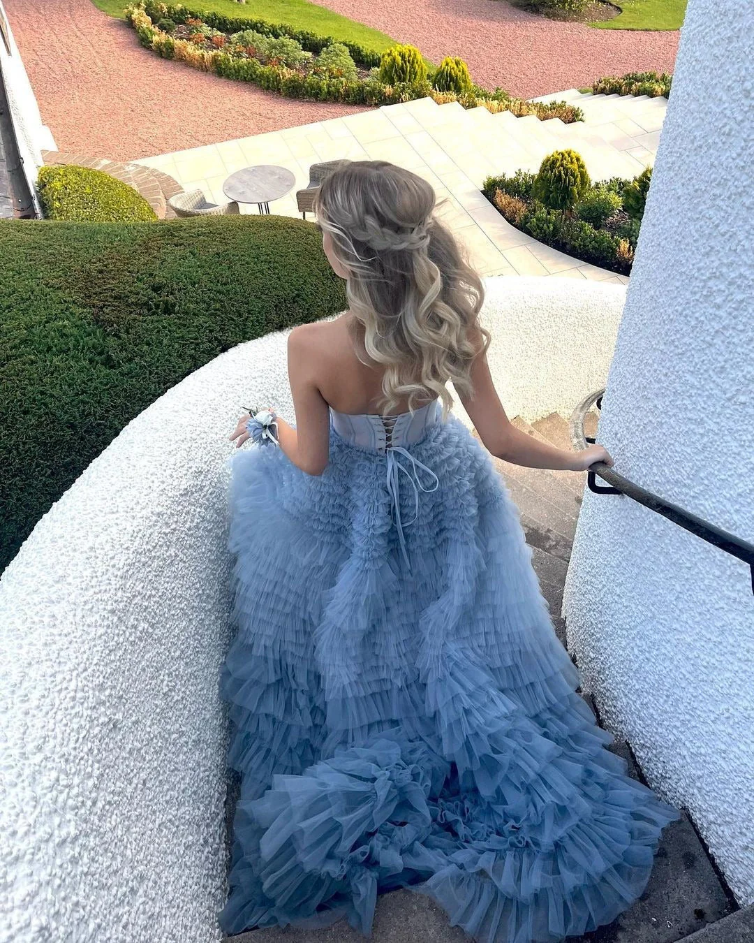 A Line Sweetheart Tiered Ruffled Tulle Long Prom Dress - Image 3