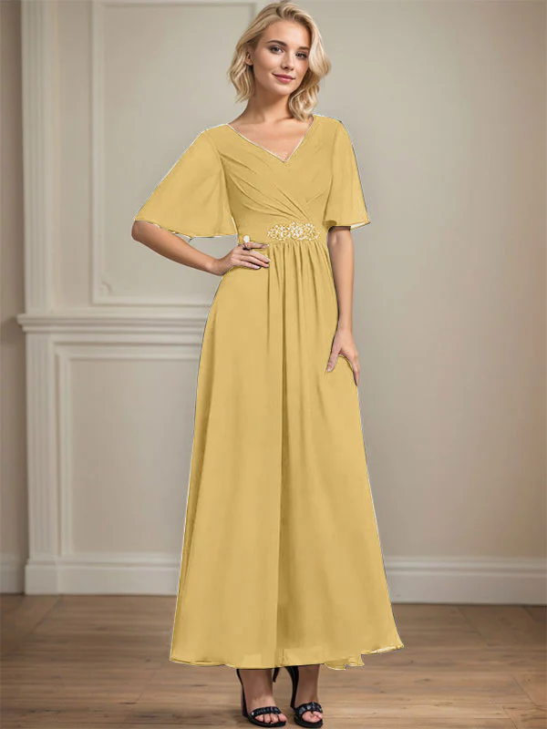 A-line V-Neck Ankle-Length Chiffon Mother of the Bride Dress With Pleated Beading Sequins - Image 20