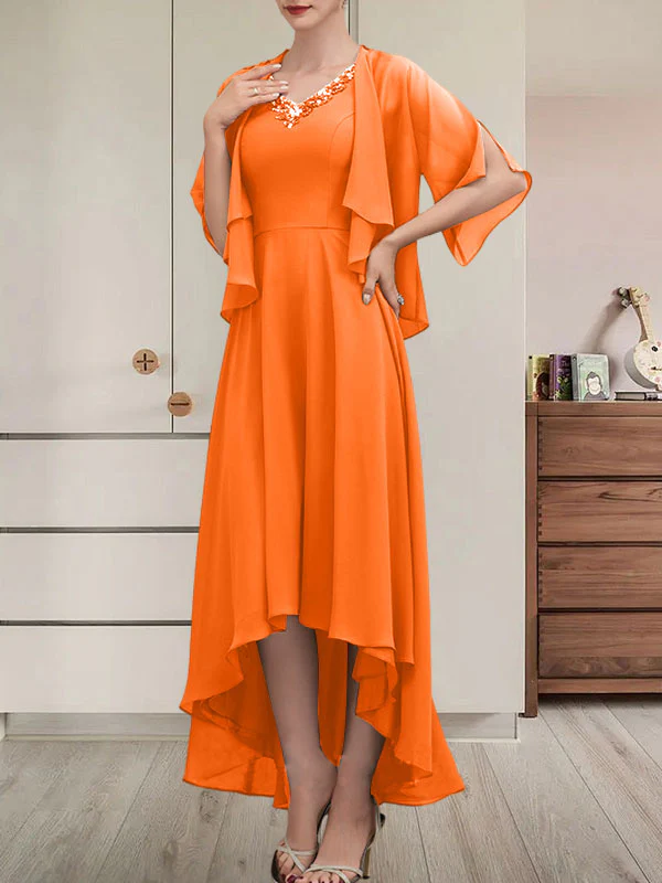 A-line V-Neck Asymmetrical Chiffon Mother of the Bride Dress With Beading Sequins - Image 34